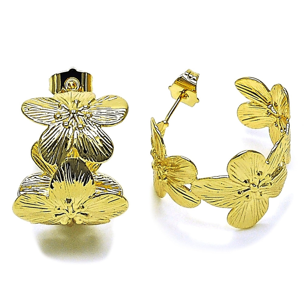 Oro Laminado Small Hoop, Gold Filled Style Flower Design, Diamond Cutting Finish, Golden Finish