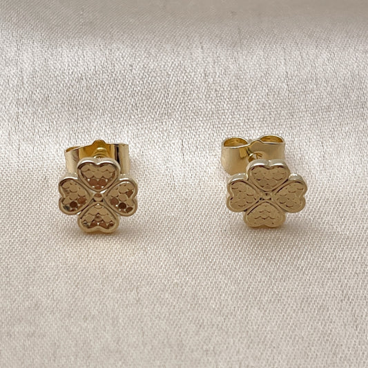 Oro Laminado Stud Earring, Gold Filled Style Four-leaf Clover Design, Diamond Cutting Finish, Golden Finish