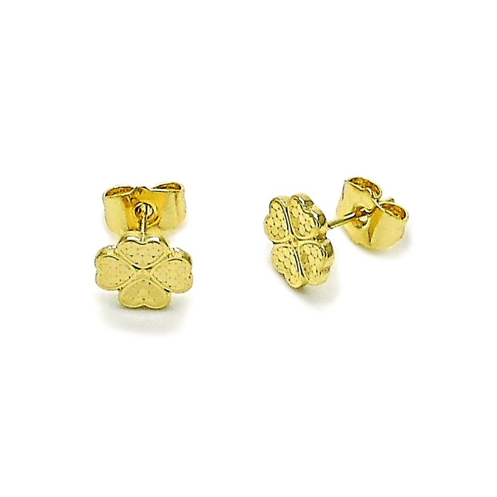 Oro Laminado Stud Earring, Gold Filled Style Four-leaf Clover Design, Diamond Cutting Finish, Golden Finish
