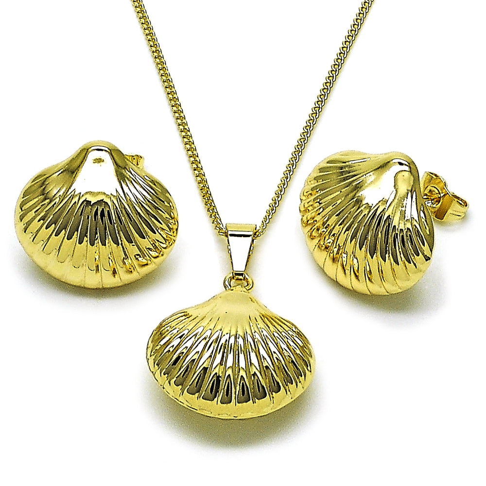 Oro Laminado Earring and Pendant Adult Set, Gold Filled Style Shell and Hollow Design, Polished, Golden Finish
