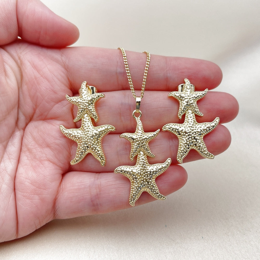 Oro Laminado Earring and Pendant Adult Set, Gold Filled Style Star Design, Matte Finish, Golden Finish