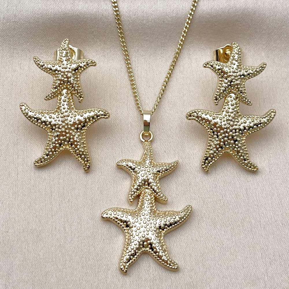 Oro Laminado Earring and Pendant Adult Set, Gold Filled Style Star Design, Matte Finish, Golden Finish