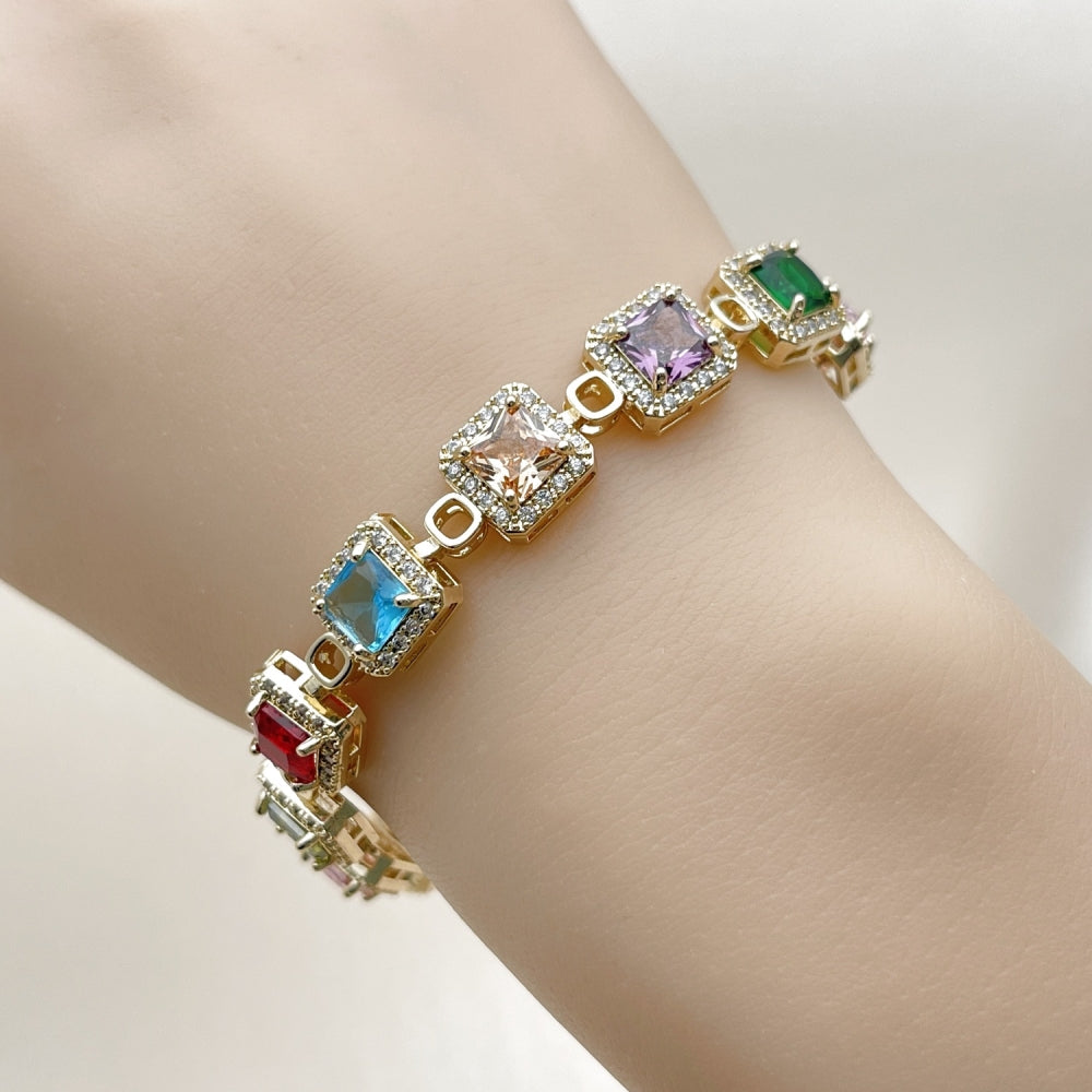 Oro Laminado Tennis Bracelet, Gold Filled Style Cluster Design, with Multicolor and White Cubic Zirconia, Polished, Golden Finish