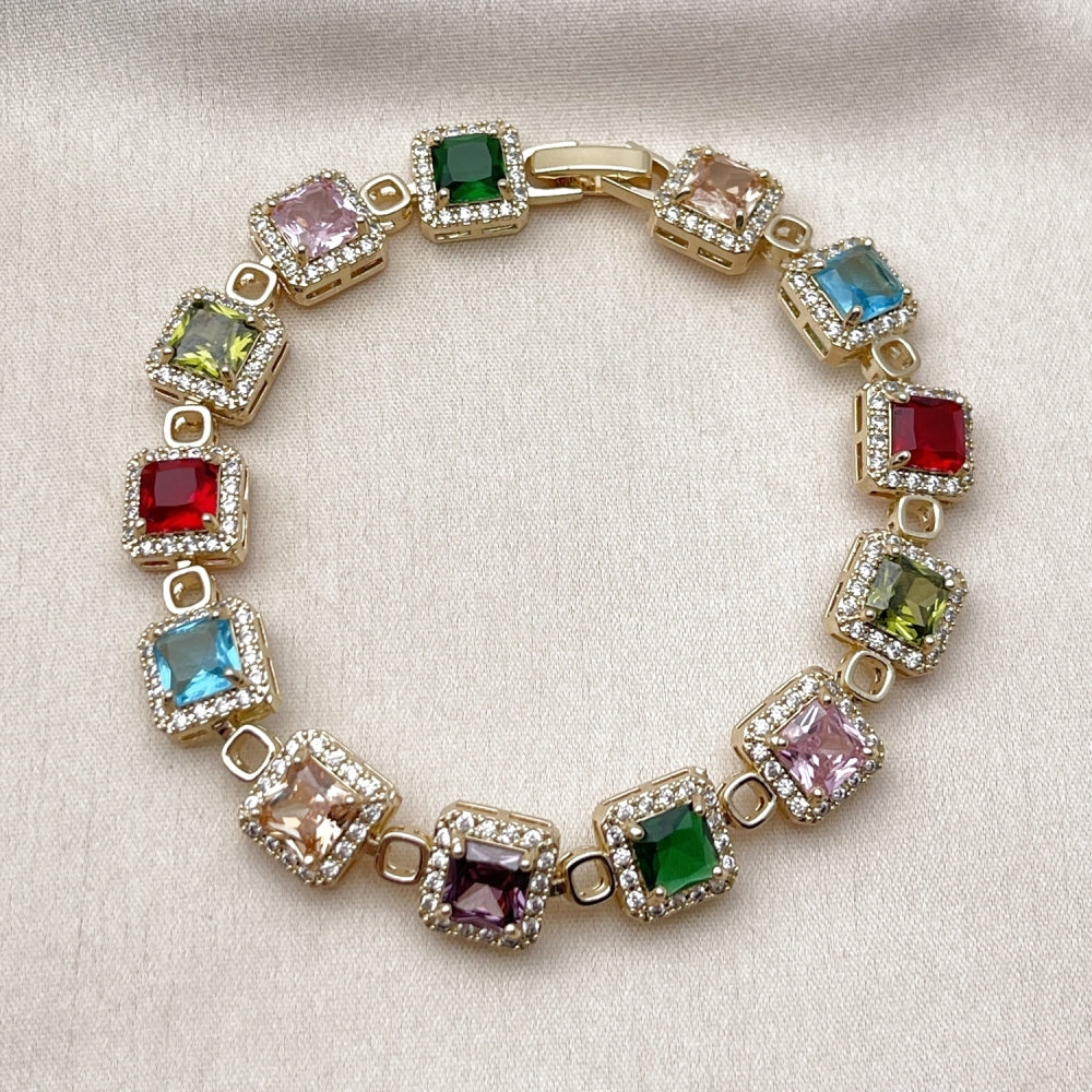 Oro Laminado Tennis Bracelet, Gold Filled Style Cluster Design, with Multicolor and White Cubic Zirconia, Polished, Golden Finish