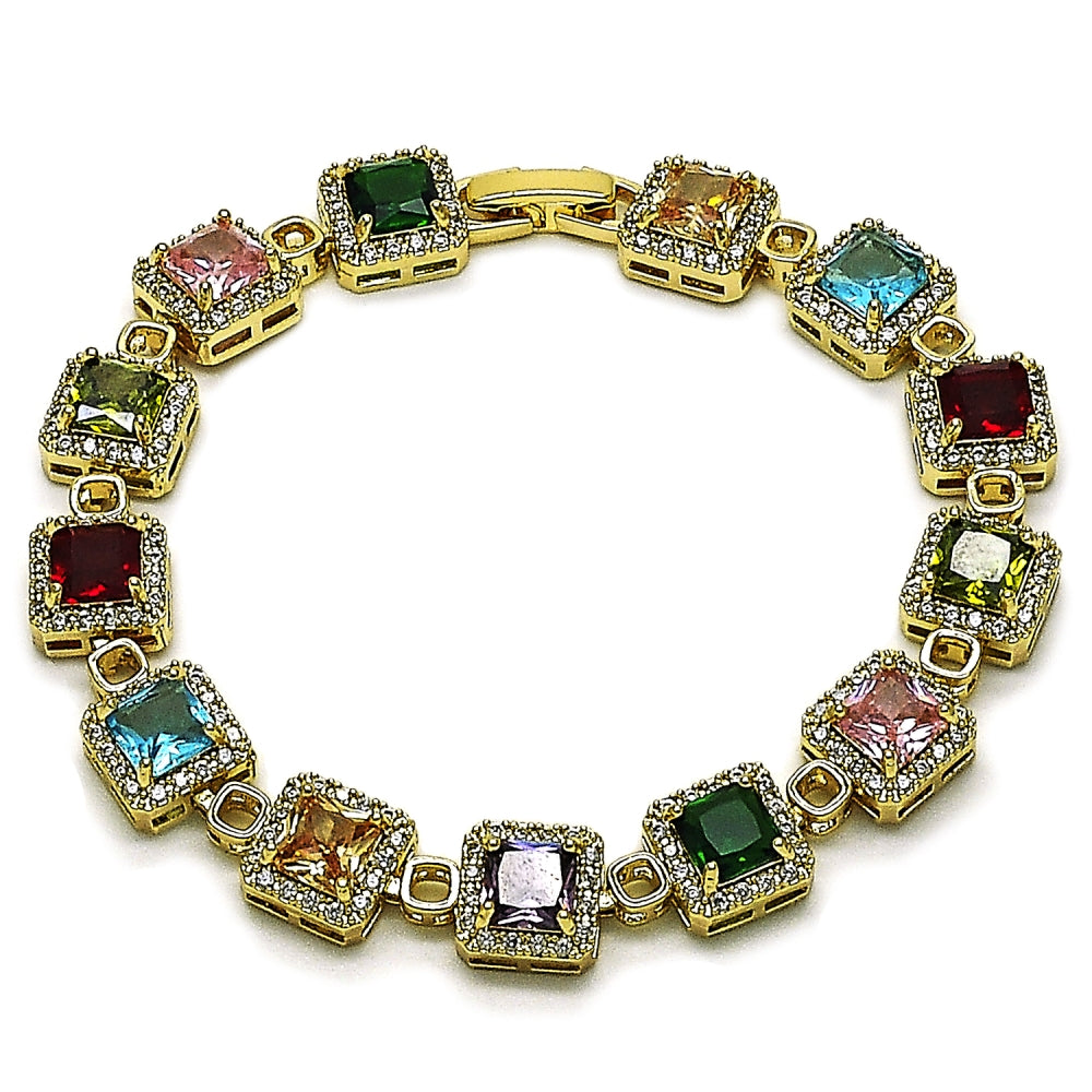Oro Laminado Tennis Bracelet, Gold Filled Style Cluster Design, with Multicolor and White Cubic Zirconia, Polished, Golden Finish