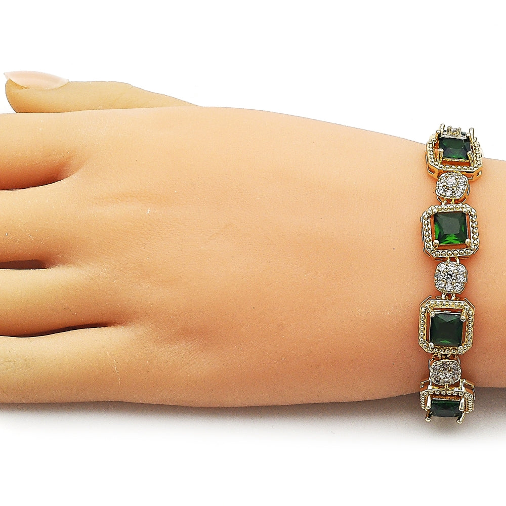 Oro Laminado Tennis Bracelet, Gold Filled Style Cluster Design, with Green and White Cubic Zirconia, Polished, Golden Finish
