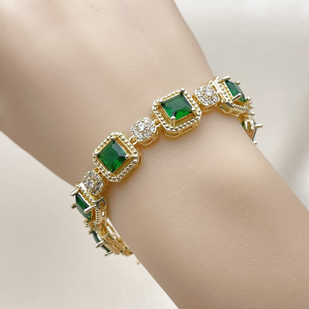 Oro Laminado Tennis Bracelet, Gold Filled Style Cluster Design, with Green and White Cubic Zirconia, Polished, Golden Finish