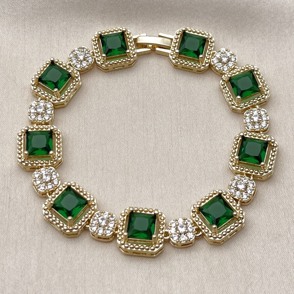 Oro Laminado Tennis Bracelet, Gold Filled Style Cluster Design, with Green and White Cubic Zirconia, Polished, Golden Finish