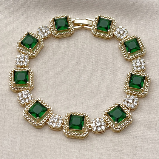 Oro Laminado Tennis Bracelet, Gold Filled Style Cluster Design, with Green and White Cubic Zirconia, Polished, Golden Finish