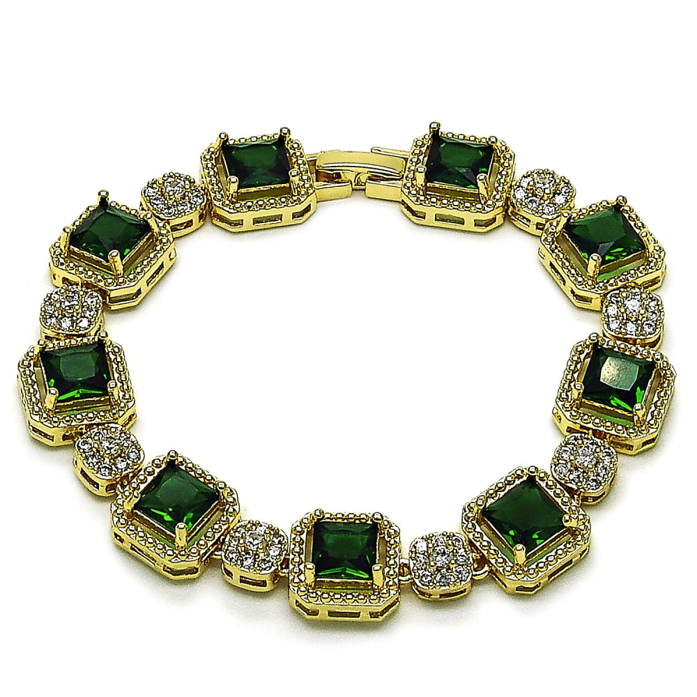 Oro Laminado Tennis Bracelet, Gold Filled Style Cluster Design, with Green and White Cubic Zirconia, Polished, Golden Finish