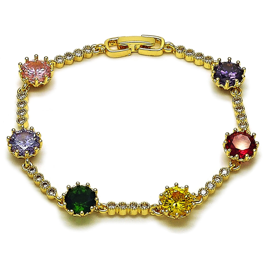 Oro Laminado Tennis Bracelet, Gold Filled Style with Multicolor and White Cubic Zirconia, Polished, Golden Finish