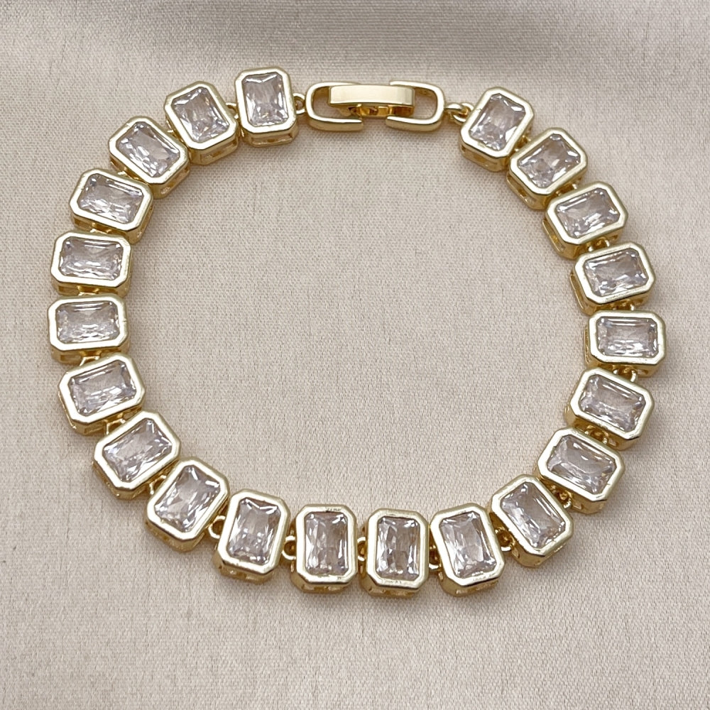 Oro Laminado Tennis Bracelet, Gold Filled Style Baguette Design, with White Cubic Zirconia, Polished, Golden Finish