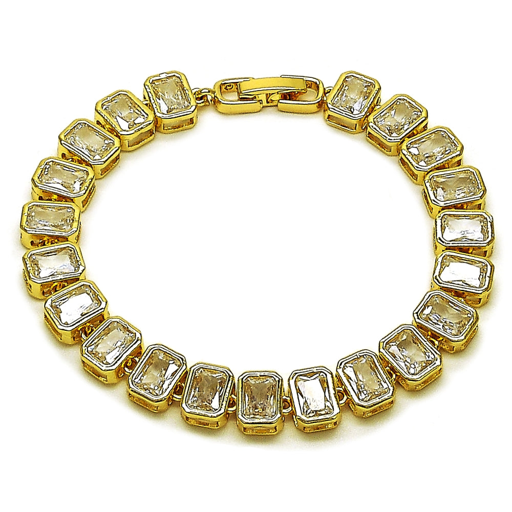 Oro Laminado Tennis Bracelet, Gold Filled Style Baguette Design, with White Cubic Zirconia, Polished, Golden Finish