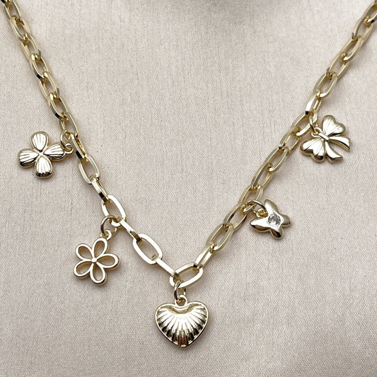 Oro Laminado Fancy Necklace, Gold Filled Style Heart and Butterfly Design, Polished, Golden Finish