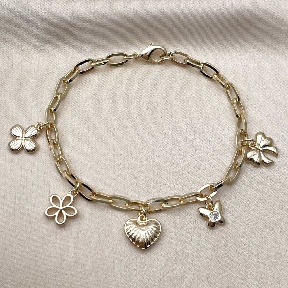 Oro Laminado Charm Bracelet, Gold Filled Style Heart and Flower Design, Polished, Golden Finish
