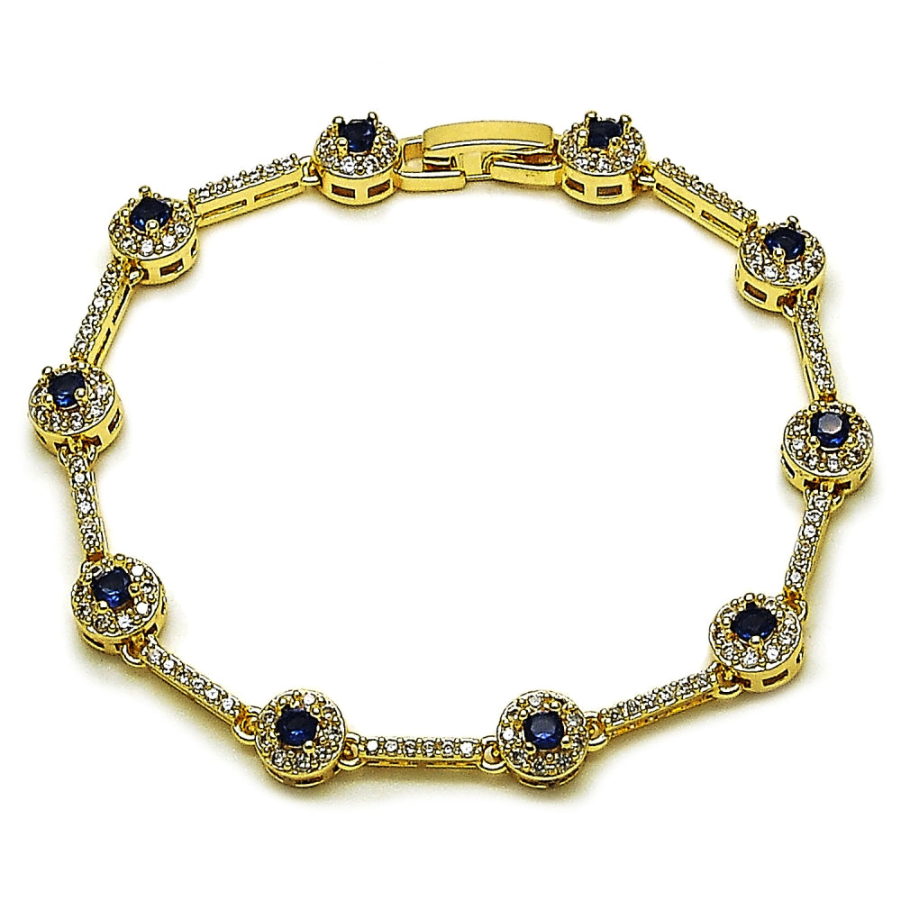 Oro Laminado Tennis Bracelet, Gold Filled Style Cluster Design, with Sapphire Blue and White Cubic Zirconia, Polished, Golden Finish