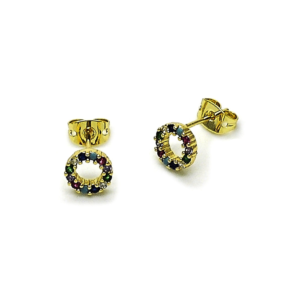 Oro Laminado Stud Earring, Gold Filled Style with Multicolor Cubic Zirconia, Polished, Golden Finish