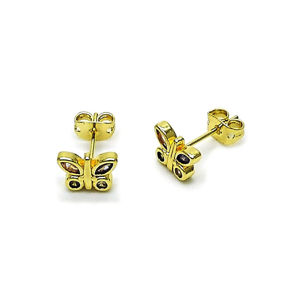 Oro Laminado Stud Earring, Gold Filled Style Butterfly Design, with Multicolor Cubic Zirconia, Polished, Golden Finish