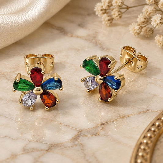 Oro Laminado Stud Earring, Gold Filled Style Flower Design, with Multicolor Cubic Zirconia, Polished, Golden Finish