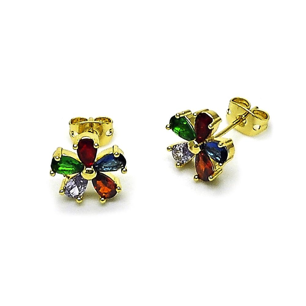 Oro Laminado Stud Earring, Gold Filled Style Flower Design, with Multicolor Cubic Zirconia, Polished, Golden Finish