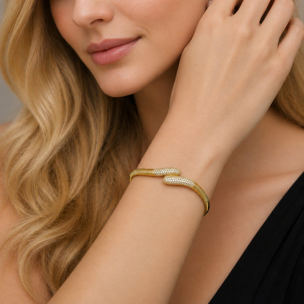 Oro Laminado Individual Bangle, Gold Filled Style with White Micro Pave, Polished, Golden Finish