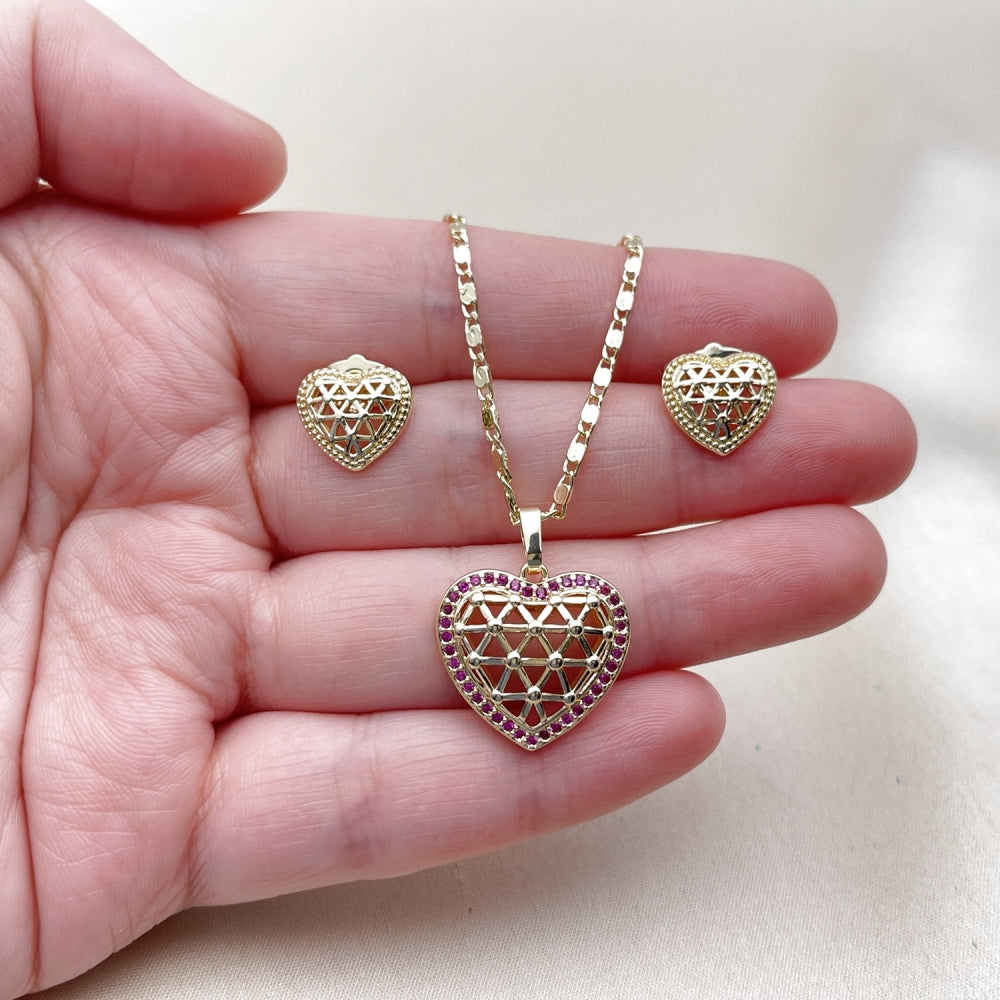 Oro Laminado Earring and Pendant Adult Set, Gold Filled Style Heart and Filigree Design, with Ruby Cubic Zirconia, Polished, Golden Finish