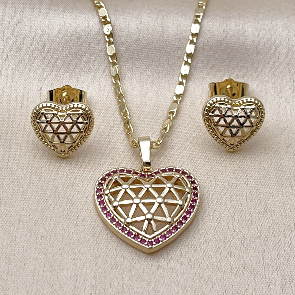 Oro Laminado Earring and Pendant Adult Set, Gold Filled Style Heart and Filigree Design, with Ruby Cubic Zirconia, Polished, Golden Finish