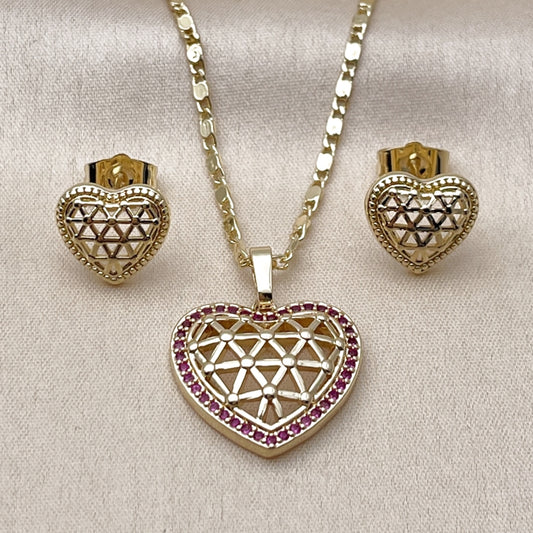Oro Laminado Earring and Pendant Adult Set, Gold Filled Style Heart and Filigree Design, with Ruby Cubic Zirconia, Polished, Golden Finish