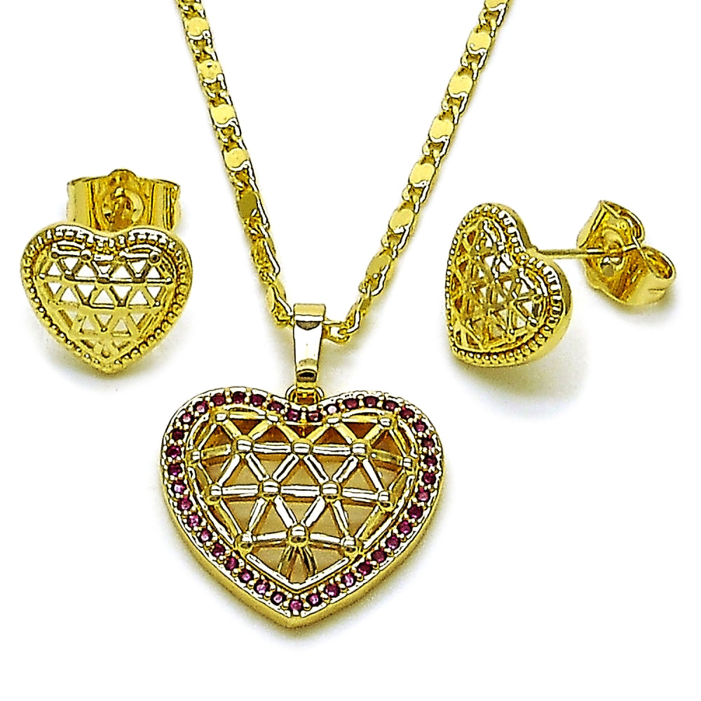 Oro Laminado Earring and Pendant Adult Set, Gold Filled Style Heart and Filigree Design, with Ruby Cubic Zirconia, Polished, Golden Finish
