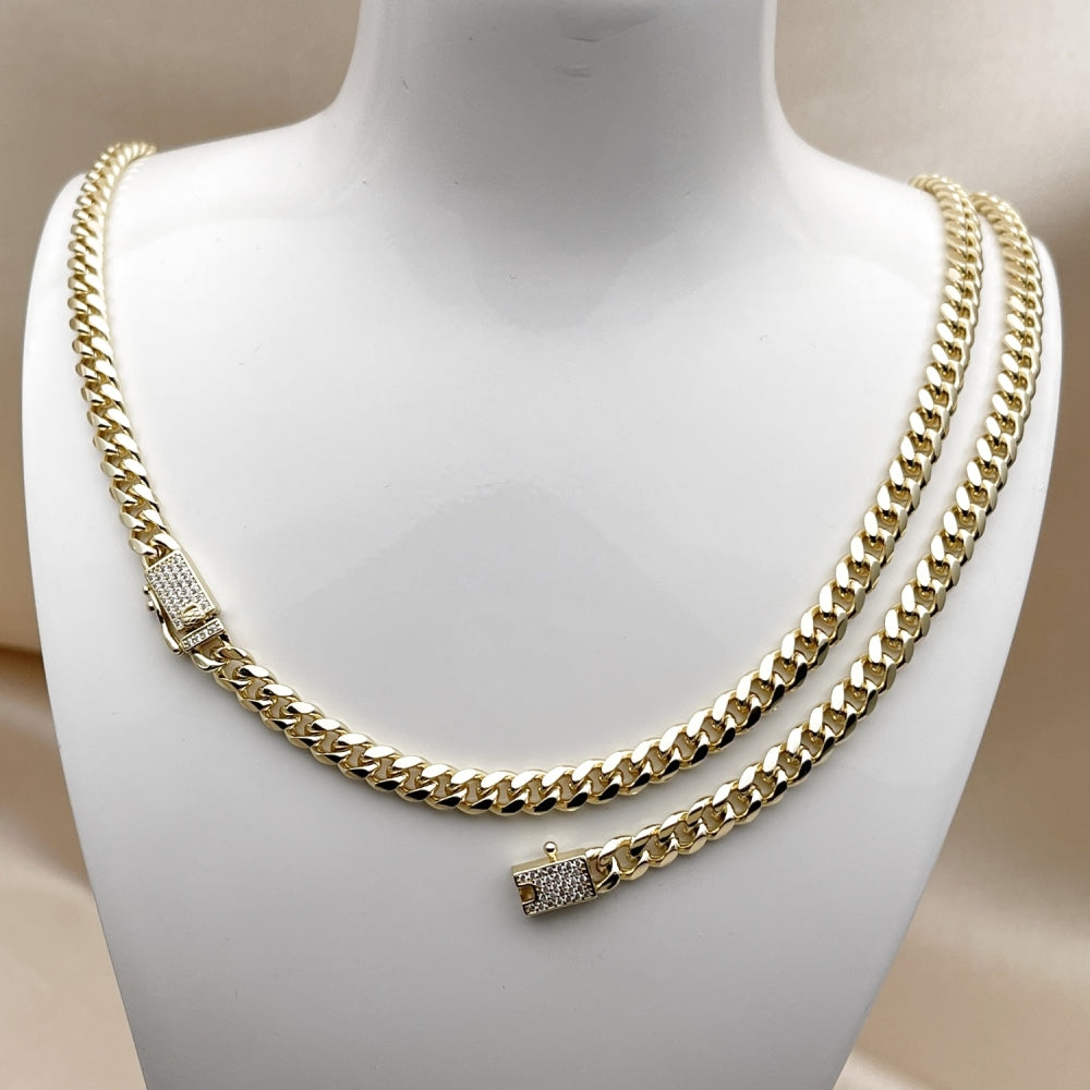 Oro Laminado Necklace and Bracelet, Gold Filled Style Miami Cuban Design, with White Micro Pave, Polished, Golden Finish