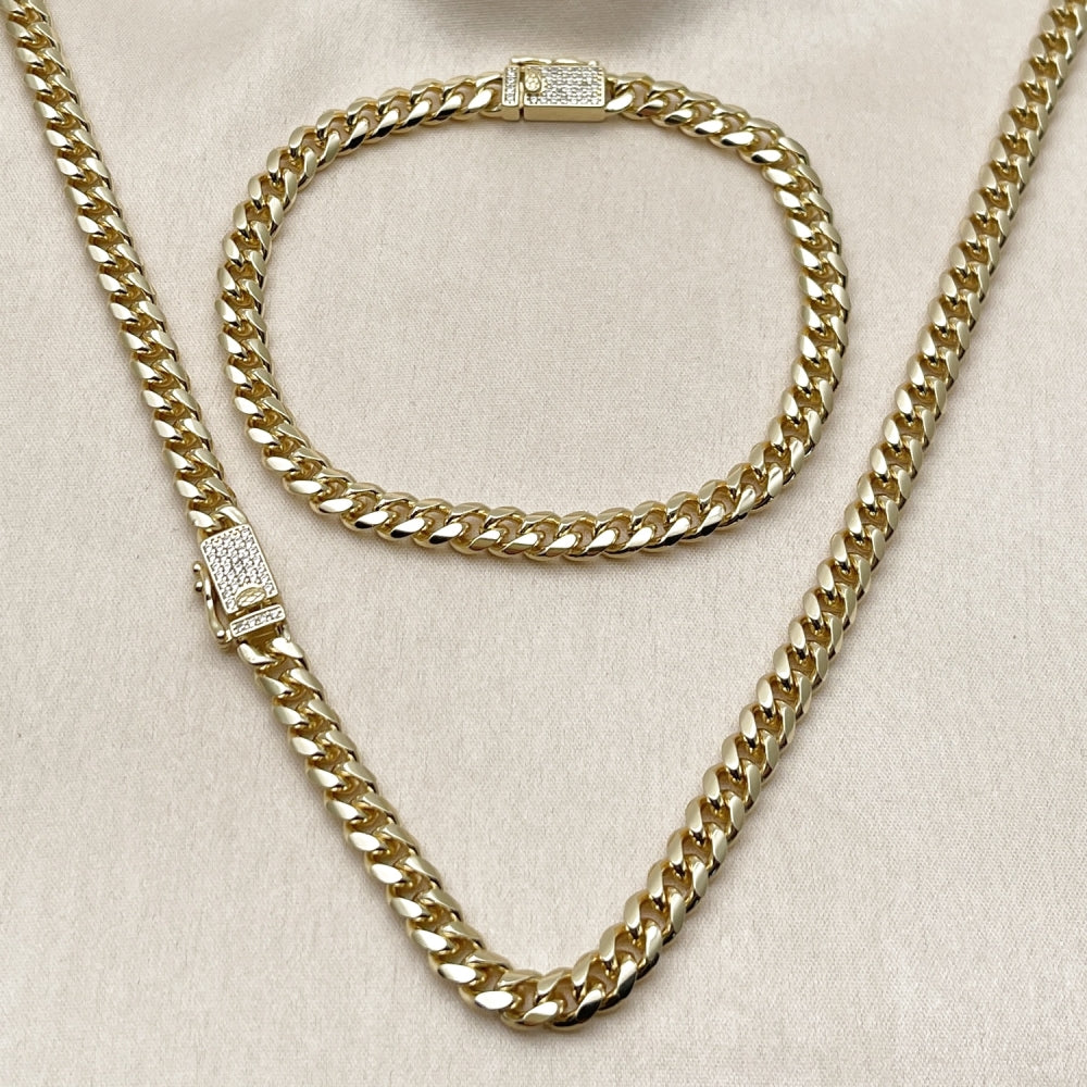 Oro Laminado Necklace and Bracelet, Gold Filled Style Miami Cuban Design, with White Micro Pave, Polished, Golden Finish