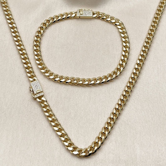Oro Laminado Necklace and Bracelet, Gold Filled Style Miami Cuban Design, with White Micro Pave, Polished, Golden Finish