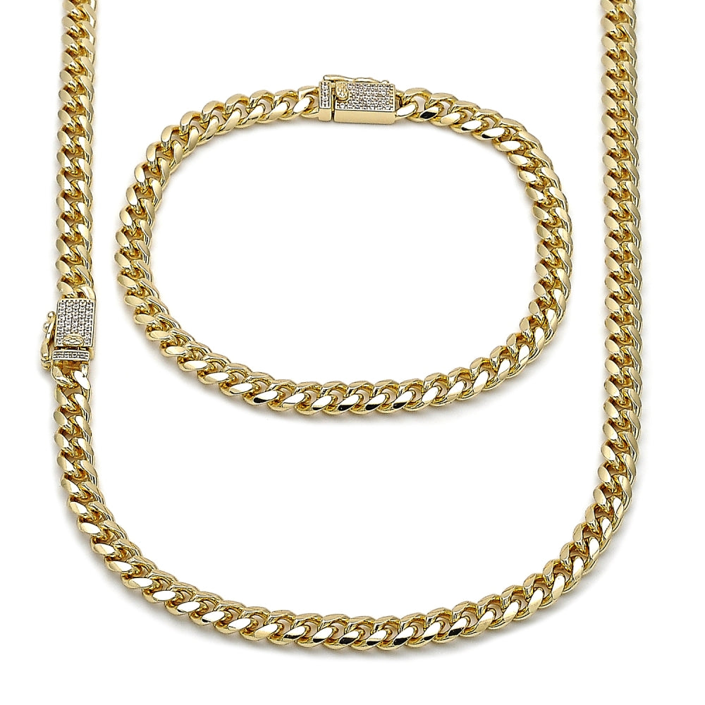 Oro Laminado Necklace and Bracelet, Gold Filled Style Miami Cuban Design, with White Micro Pave, Polished, Golden Finish