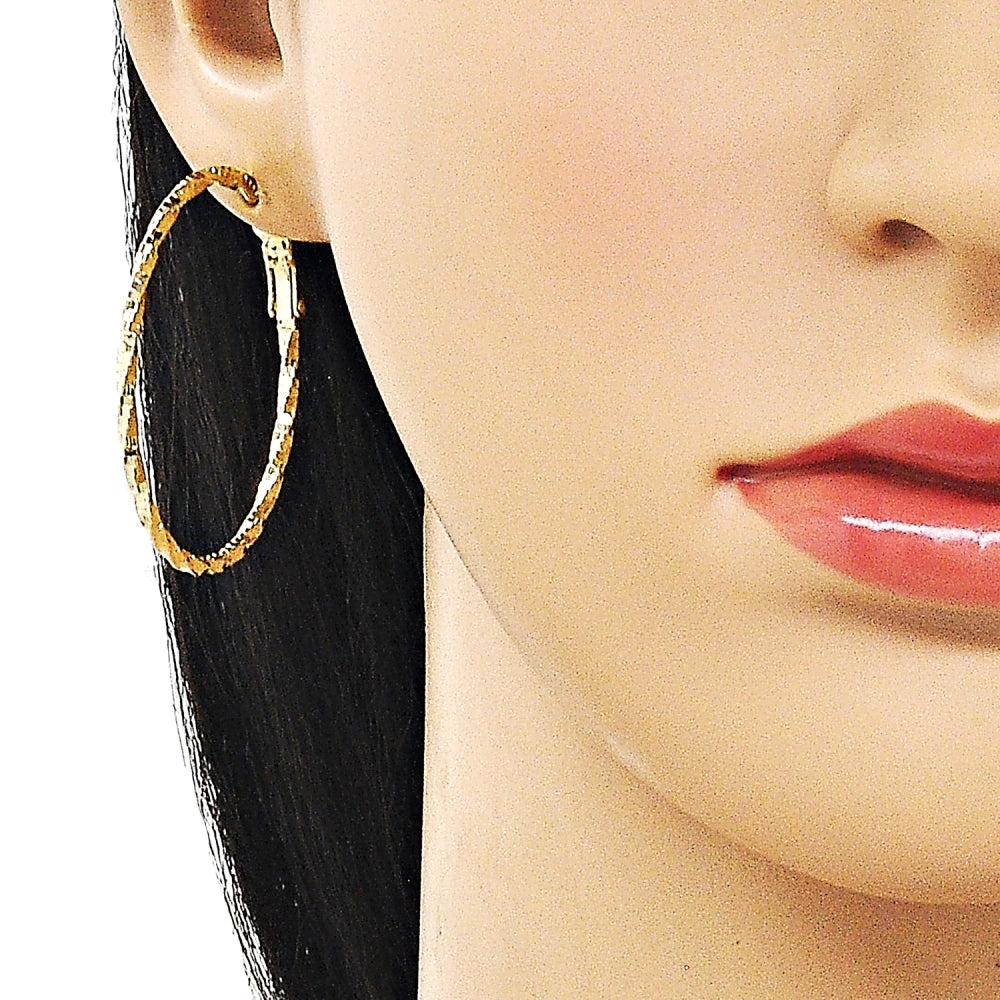 Oro Laminado Medium Hoop, Gold Filled Style Twist Design, Diamond Cutting Finish, Golden Finish
