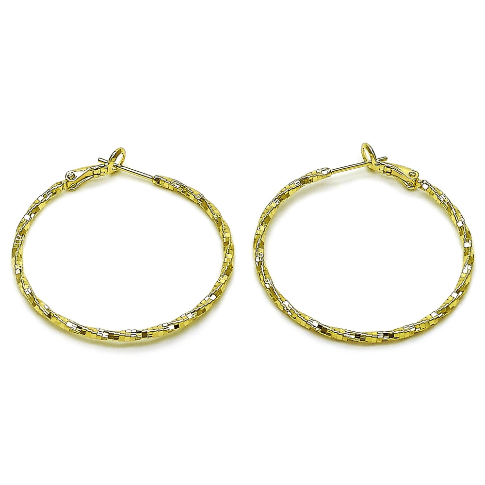 Oro Laminado Medium Hoop, Gold Filled Style Twist Design, Diamond Cutting Finish, Golden Finish