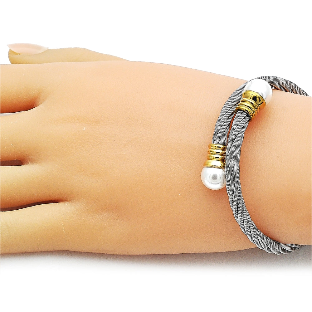 Stainless Steel Individual Bangle, Twist and Ball Design, with Ivory Pearl, Polished, Two Tone