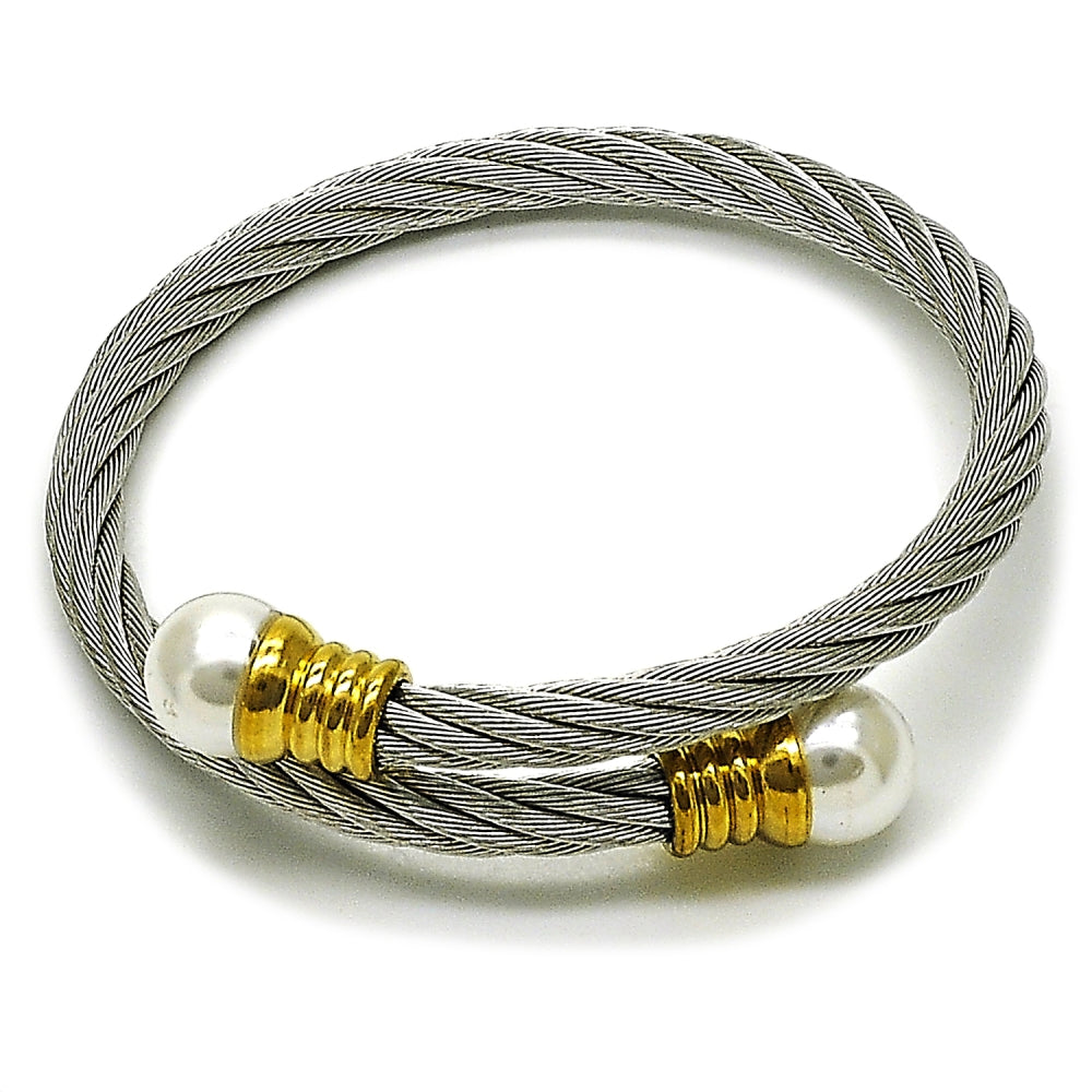 Stainless Steel Individual Bangle, Twist and Ball Design, with Ivory Pearl, Polished, Two Tone