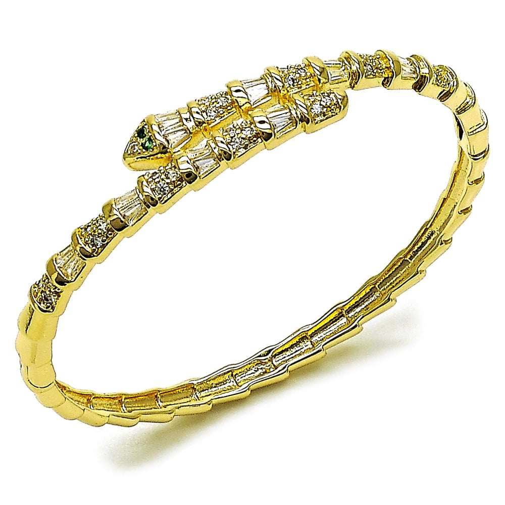 Oro Laminado Individual Bangle, Gold Filled Style Snake and Baguette Design, with White Cubic Zirconia and White Micro Pave, Polished, Golden Finish