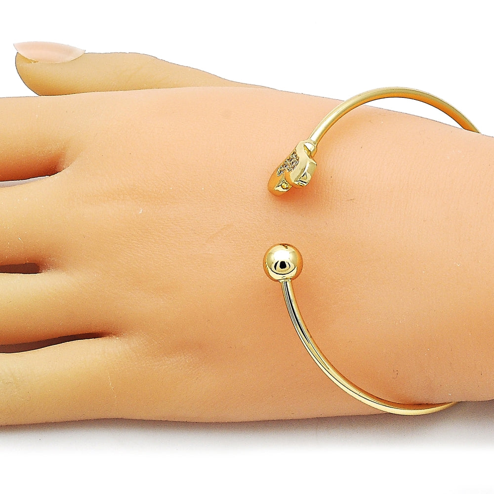 Oro Laminado Individual Bangle, Gold Filled Style Heart and Ball Design, with White Micro Pave, Polished, Golden Finish