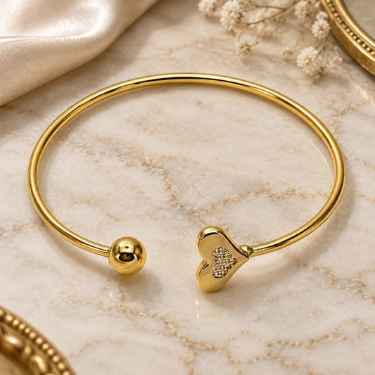 Oro Laminado Individual Bangle, Gold Filled Style Heart and Ball Design, with White Micro Pave, Polished, Golden Finish