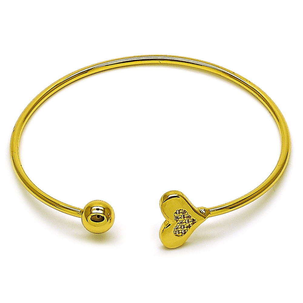 Oro Laminado Individual Bangle, Gold Filled Style Heart and Ball Design, with White Micro Pave, Polished, Golden Finish