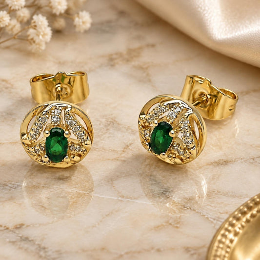 Oro Laminado Stud Earring, Gold Filled Style Cluster Design, with Green Cubic Zirconia and White Micro Pave, Polished, Golden Finish