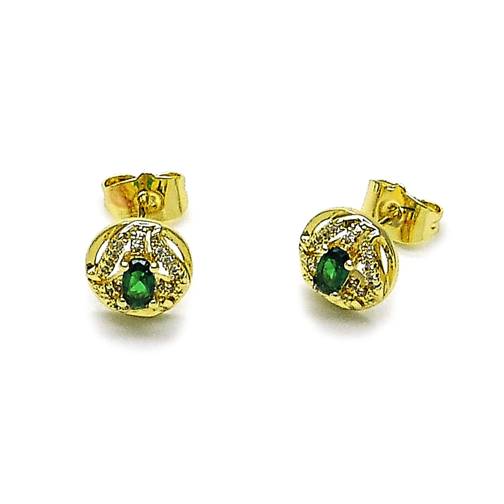 Oro Laminado Stud Earring, Gold Filled Style Cluster Design, with Green Cubic Zirconia and White Micro Pave, Polished, Golden Finish