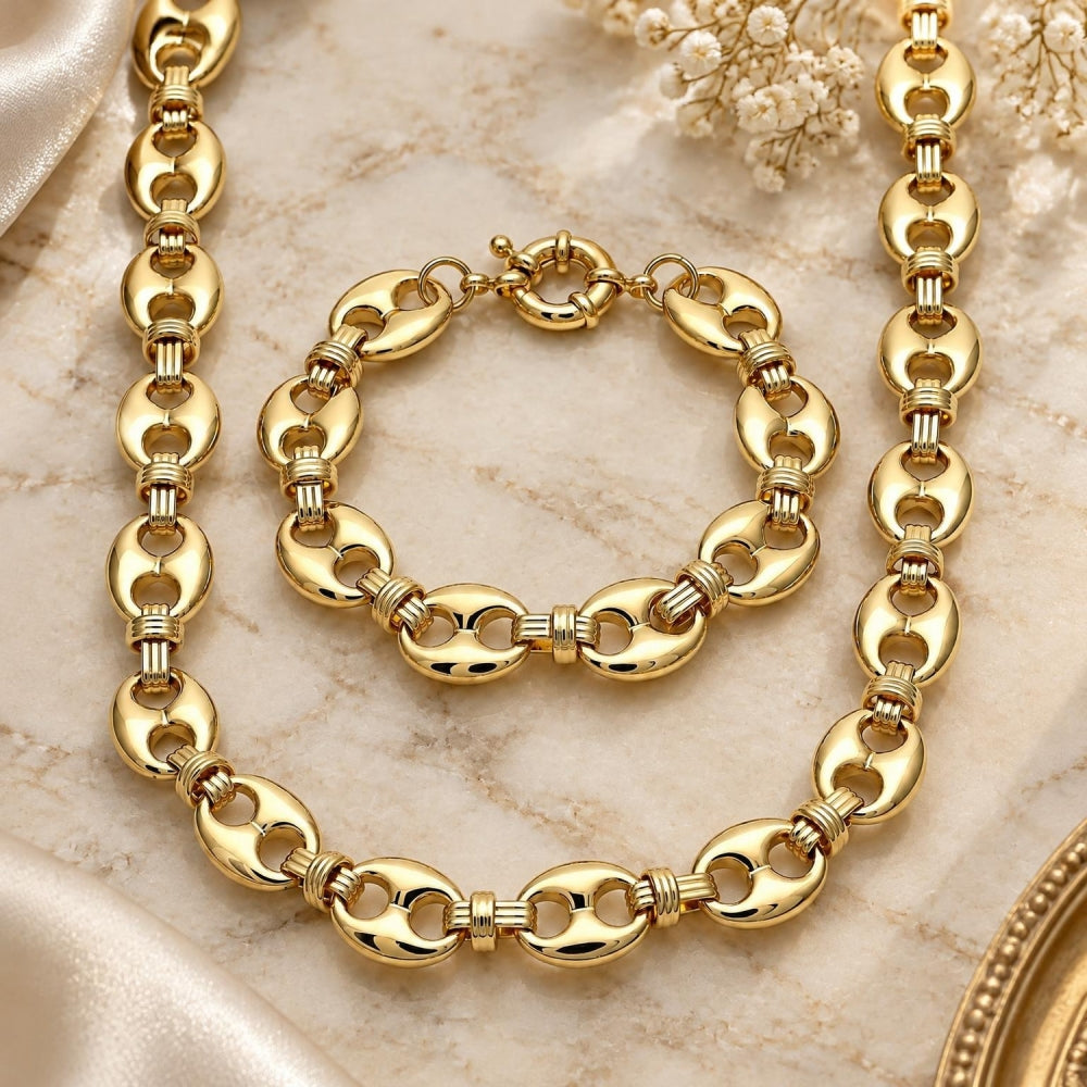 Oro Laminado Necklace and Bracelet, Gold Filled Style Puff Mariner Design, Polished, Golden Finish