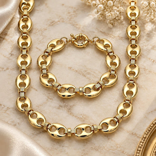 Oro Laminado Necklace and Bracelet, Gold Filled Style Puff Mariner Design, Polished, Golden Finish