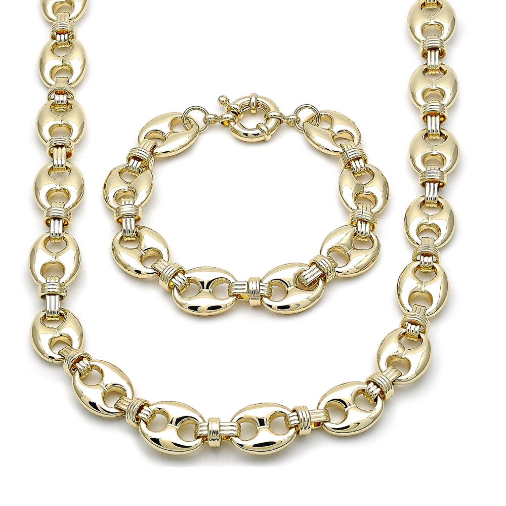 Oro Laminado Necklace and Bracelet, Gold Filled Style Puff Mariner Design, Polished, Golden Finish