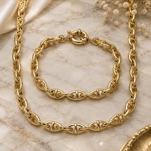 Oro Laminado Necklace and Bracelet, Gold Filled Style Puff Mariner and Mariner Design, Polished, Golden Finish