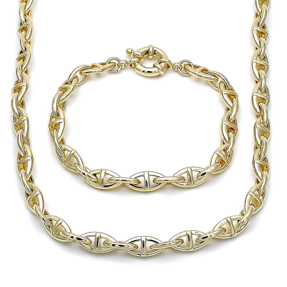 Oro Laminado Necklace and Bracelet, Gold Filled Style Puff Mariner and Mariner Design, Polished, Golden Finish