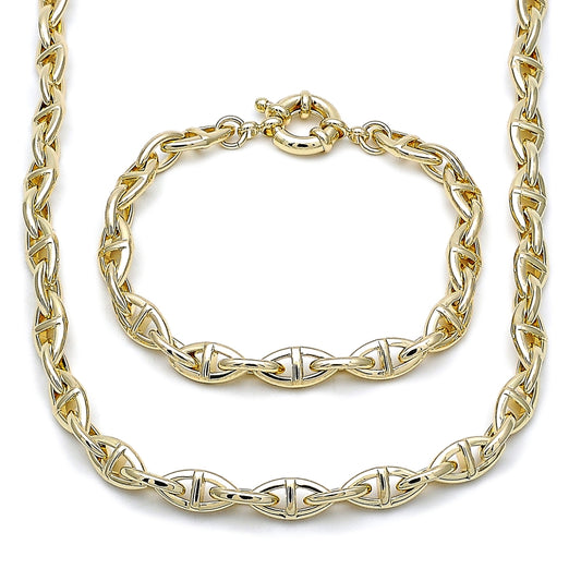 Oro Laminado Necklace and Bracelet, Gold Filled Style Puff Mariner and Mariner Design, Polished, Golden Finish