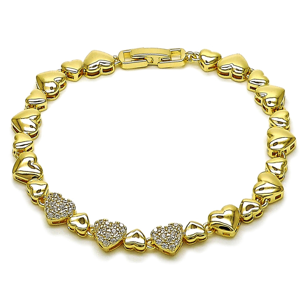 Oro Laminado Fancy Bracelet, Gold Filled Style Heart Design, with White Cubic Zirconia, Polished, Golden Finish